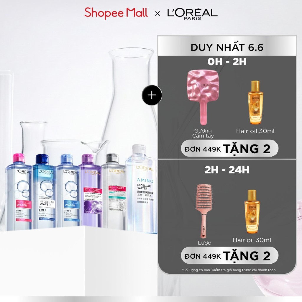 [AMINO MICELLAR MỚI] Nước tẩy trang làm sạch sâu, loại bỏ bụi bẩn & trang điểm 3-in-1 L'Oreal Paris Micellar Water 400ml