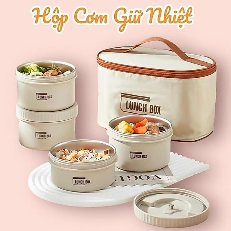[Tặng Đũa + Thìa] Hộp Cơm Giữ Nhiệt, Hộp Cơm Văn Phòng 4 Tầng Kèm Túi Cao Cấp Quay Được Lò Vi Sóng