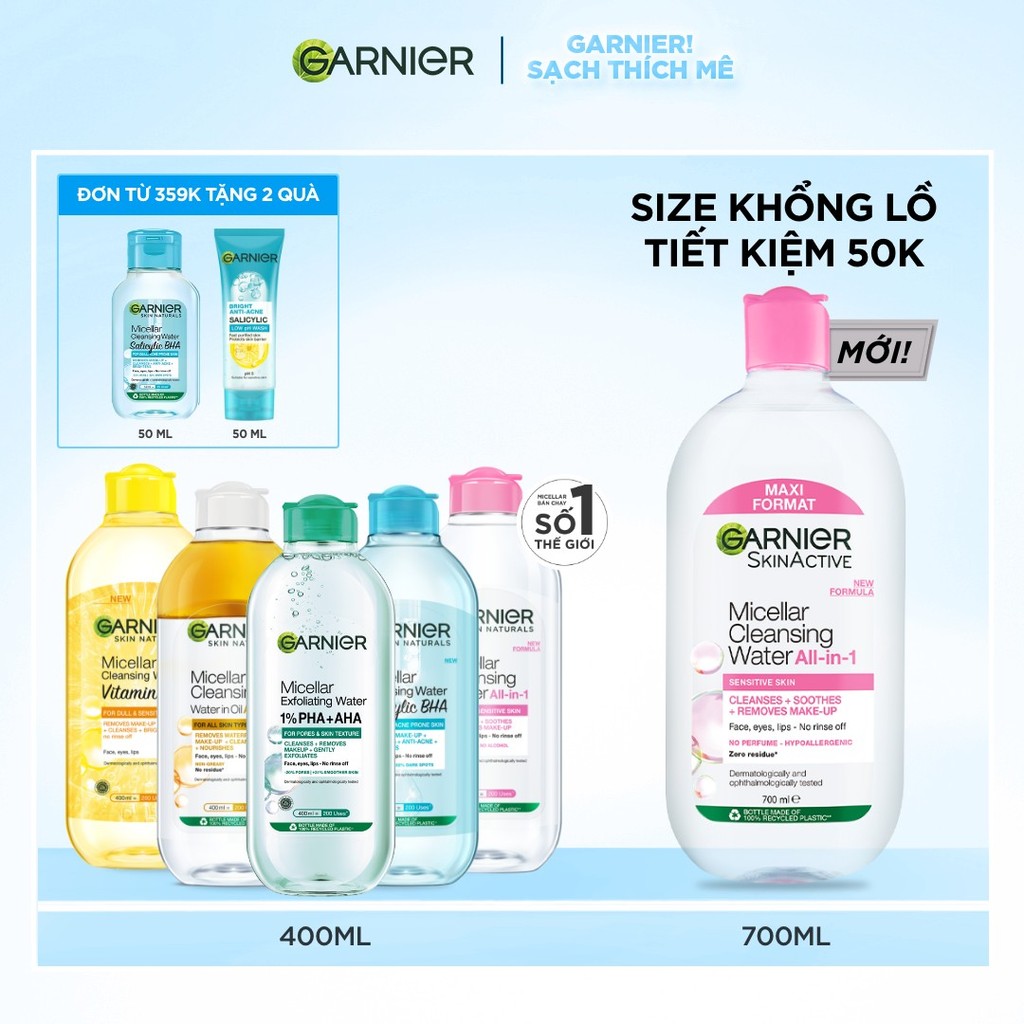 [CÓ SIZE MỚI] Nước Tẩy Trang làm sạch sâu dịu nhẹ cho mọi loại da - Garnier Micellar Cleansing Water 400ml & 700ml