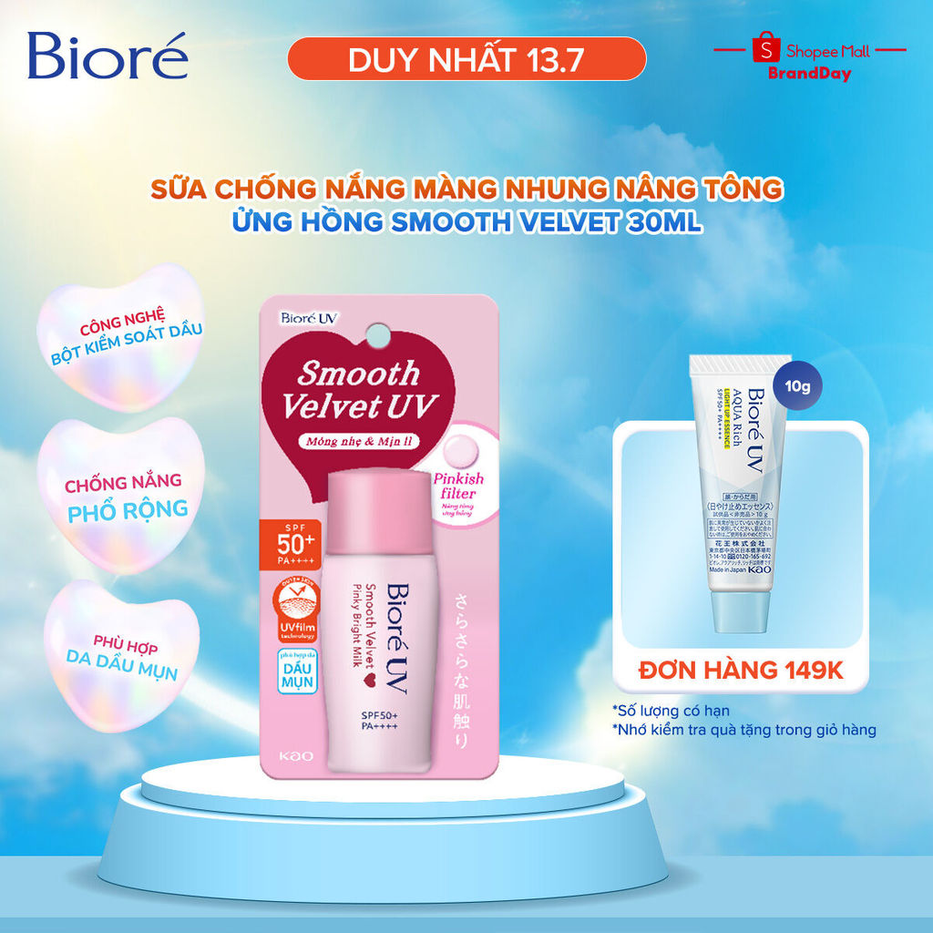 [MỚI] Sữa chống nắng nâng tông Biore UV màng nhung sáng hồng SPF50+ PA++++ 30ml