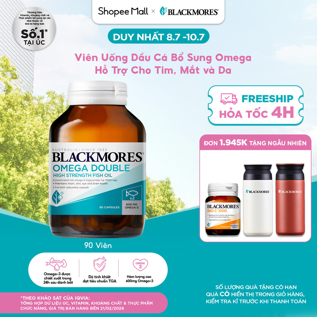 Viên Uống Dầu Cá Bổ Sung Omega Hỗ Trợ Cho Tim, Mắt, Da Blackmores Double Omega High Strength Lọ 90 Viên