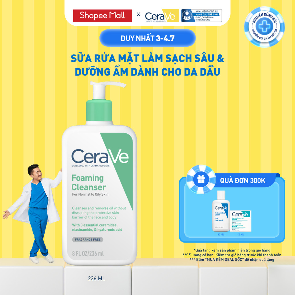 Sữa rửa mặt foaming giúp làm sạch sâu và dưỡng ẩm dịu nhẹ dành cho da dầu - CeraVe Foaming Facial Cleanser 236ML