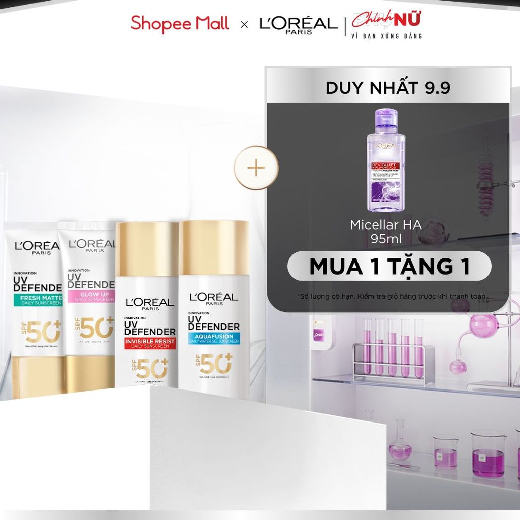 [CHỐNG NẮNG WATERGEL MỚI] Chống Nắng Phổ Rộng Thoáng Da, Kháng Mọi Tác Động UV Defender SPF 50+ PA++++ Loreal Paris 50ml