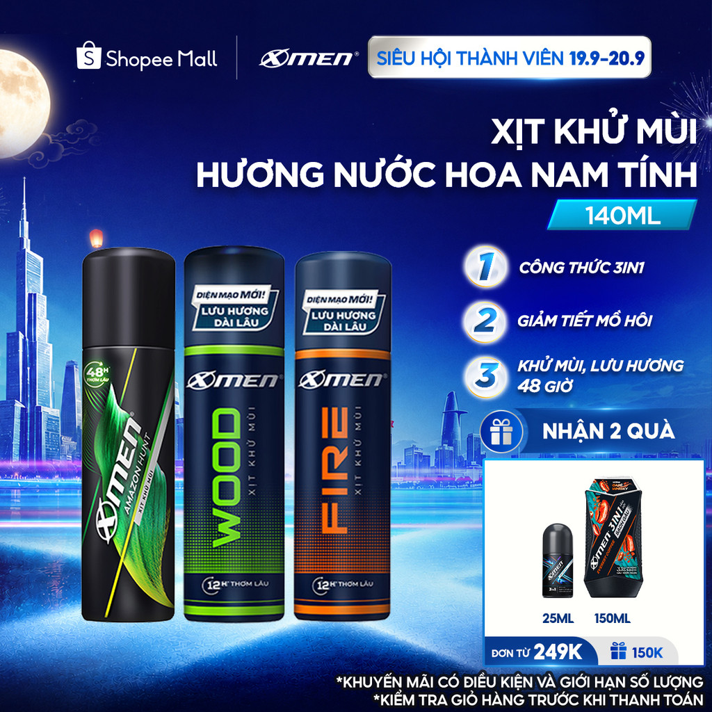 Xịt Khử Mùi XMen 140ml Amazon Hunt/Wood/Fire - Hương Thơm Nam Tính, Giảm Tiết Mồ Hôi, Khô Thoáng