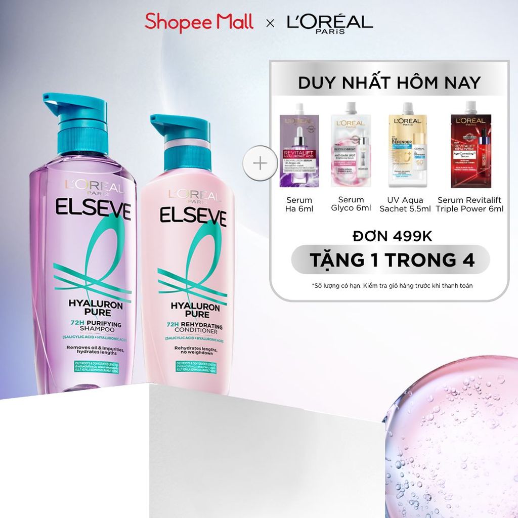 Bộ đôi gội xả nhẹ bồng mái tóc 72H Elseve HA Pure cho da đầu dầu hoặc Moist cho da đầu khô L'Oreal Paris 620ml, 375ml