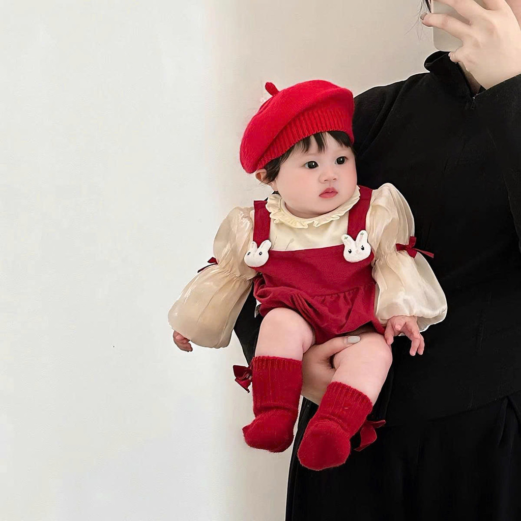 Body Tay Dài Voan Giả Yếm Đính Thỏ Đỏ Kem Cho Bé Gái Sơ Sinh 1 2 Tuổi MINTSCLOSET Quảng Châu BS6629