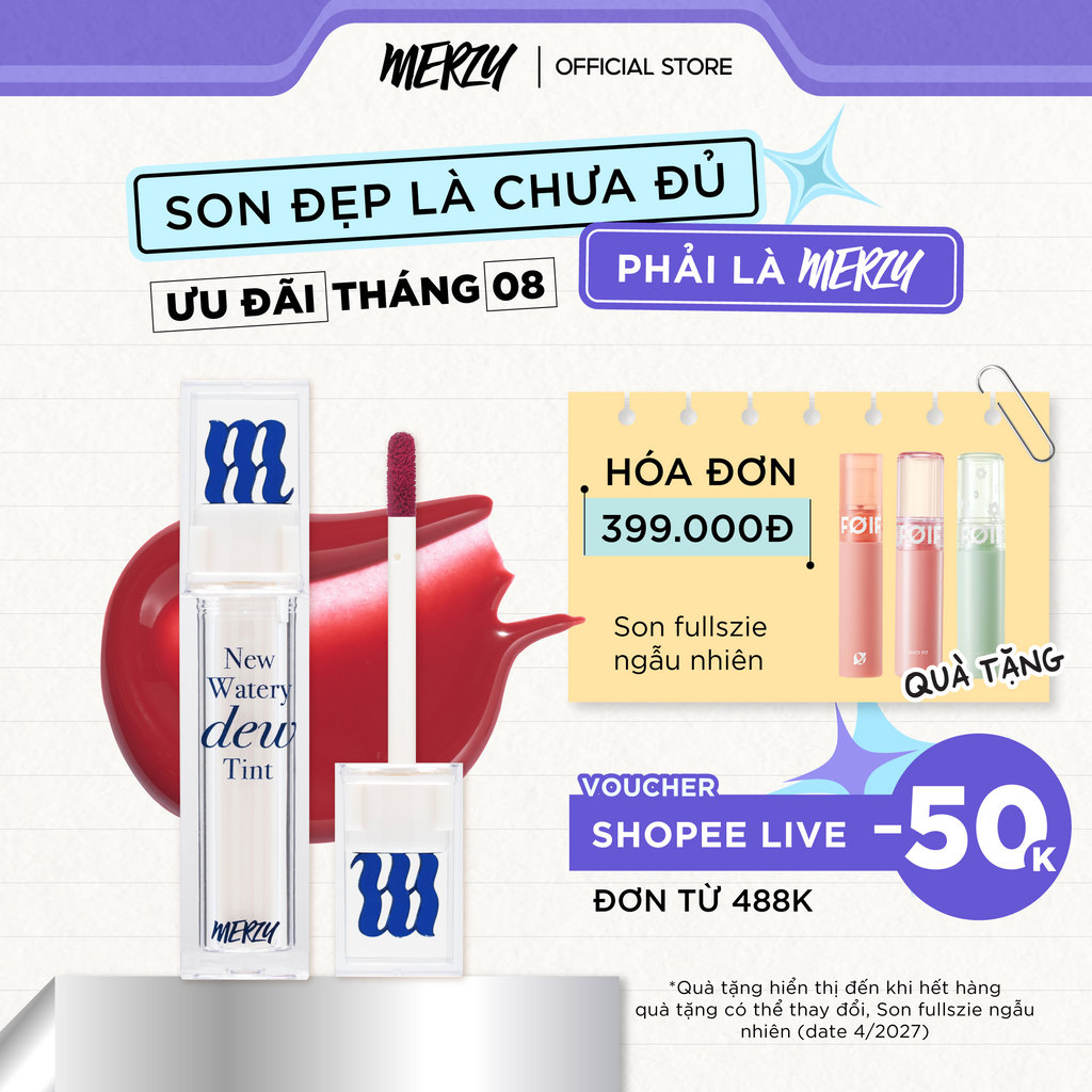 [NEW DEW] Son Tint Bóng Hàn Quốc Bền Màu, Lâu Trôi Cho Đôi Môi Căng Mọng, Ẩm Mịn Merzy The Watery Dew Tint 4