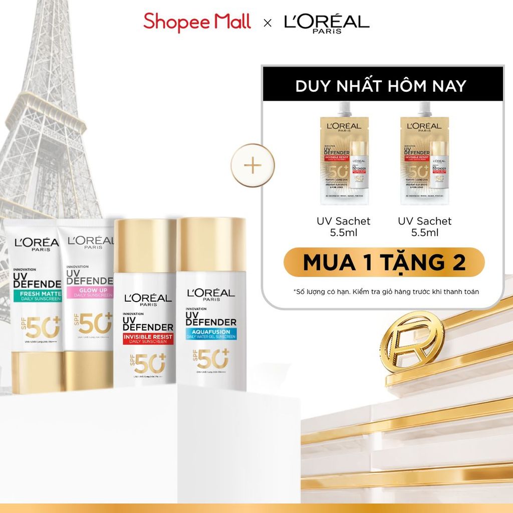 [CHỐNG NẮNG WATERGEL MỚI] Chống Nắng Phổ Rộng Thoáng Da, Kháng Mọi Tác Động UV Defender SPF 50+ PA++++ Loreal Paris 50ml