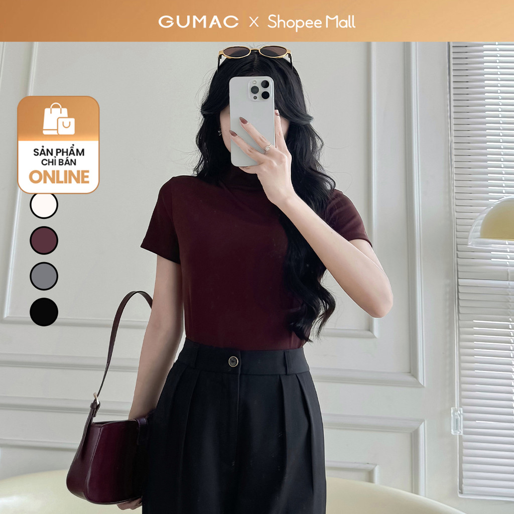 Áo thun nữ cổ lọ dáng ôm tay ngắn thun gân co giãn tôn dáng thời trang GUMAC LATE1111