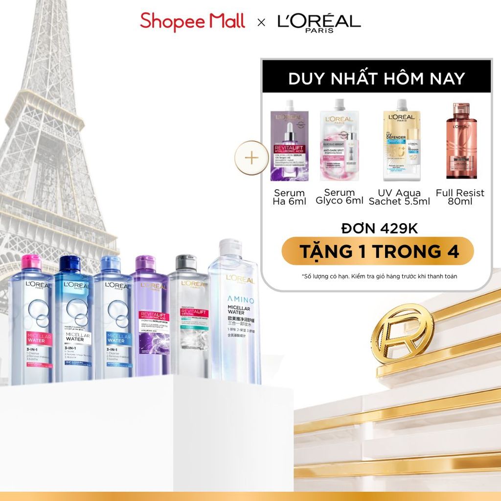 [AMINO MICELLAR MỚI] Nước tẩy trang làm sạch sâu, loại bỏ bụi bẩn & trang điểm 3-in-1 L'Oreal Paris Micellar Water 400ml