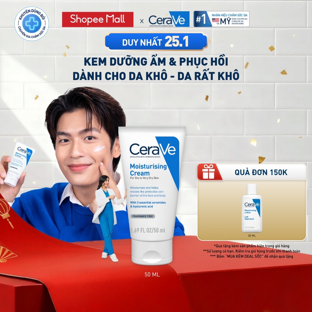 Kem dưỡng ẩm phục hồi chuyên sâu và giữ da ẩm mịn suốt 48H CERAVE MOISTURISING CREAM 50ML