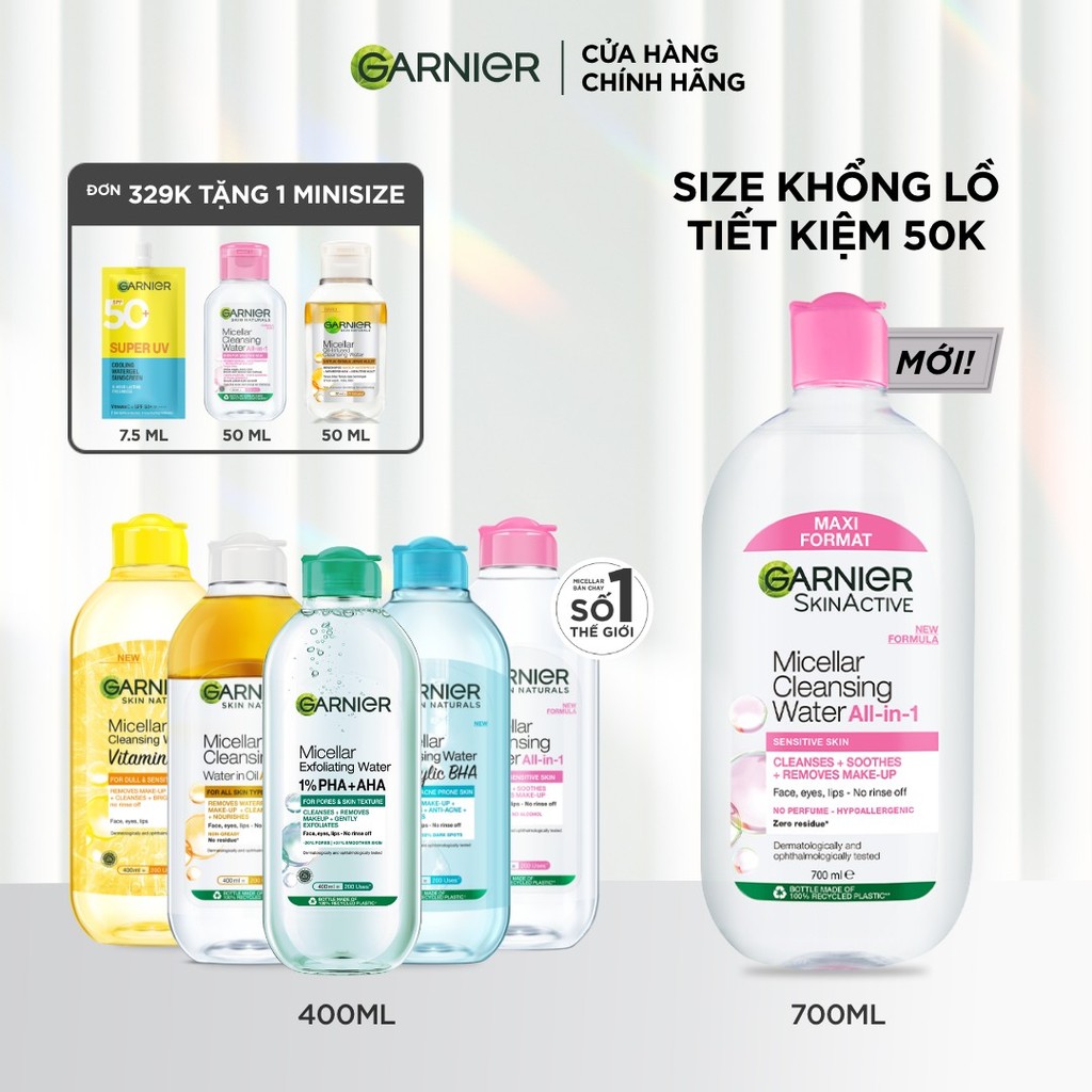 [CÓ SIZE MỚI] Nước Tẩy Trang làm sạch sâu dịu nhẹ cho mọi loại da - Garnier Micellar Cleansing Water 400ml & 700ml