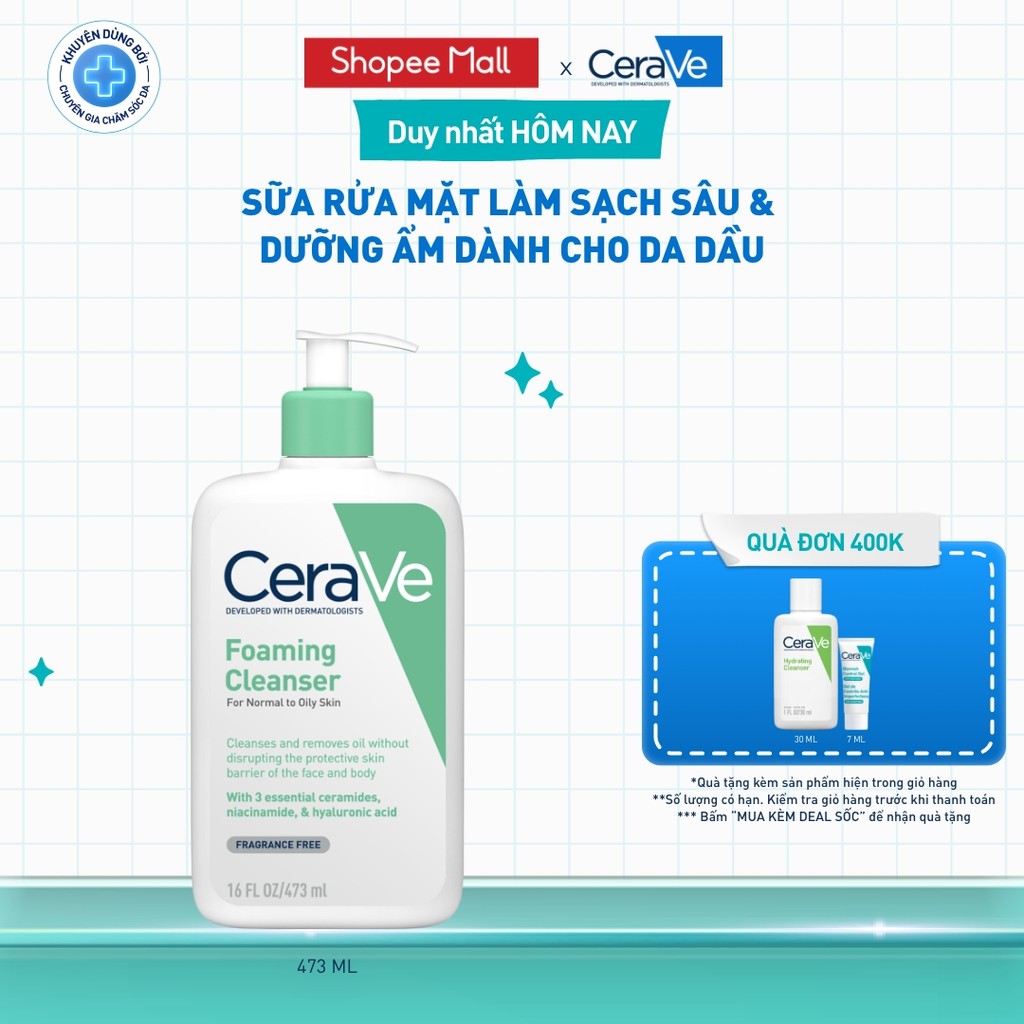 Sữa rửa mặt foaming giúp làm sạch sâu và dưỡng ẩm dịu nhẹ dành cho da dầu - CeraVe Foaming Facial Cleanser 473ML