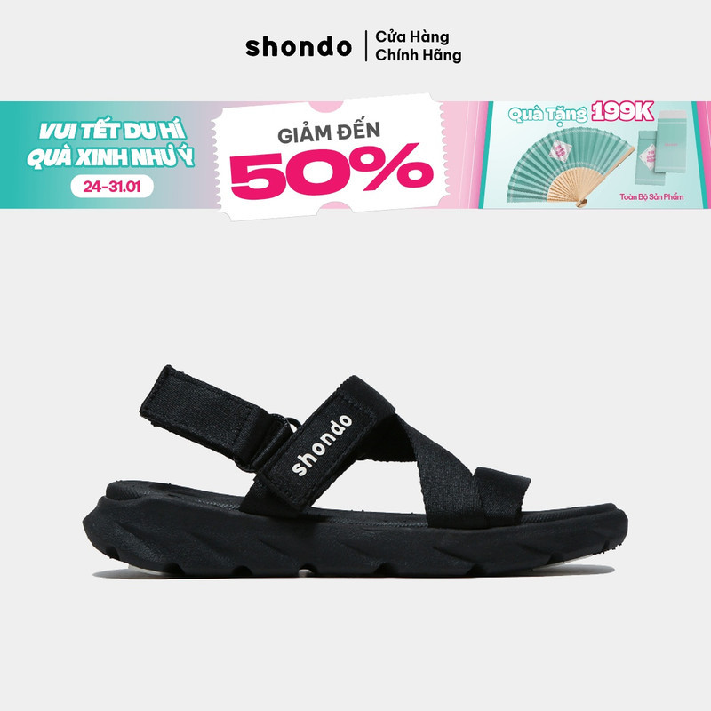 Giày Sandals Nam Nữ Unisex Êm Chân Shondo F6 Sport Đen Full F6S301