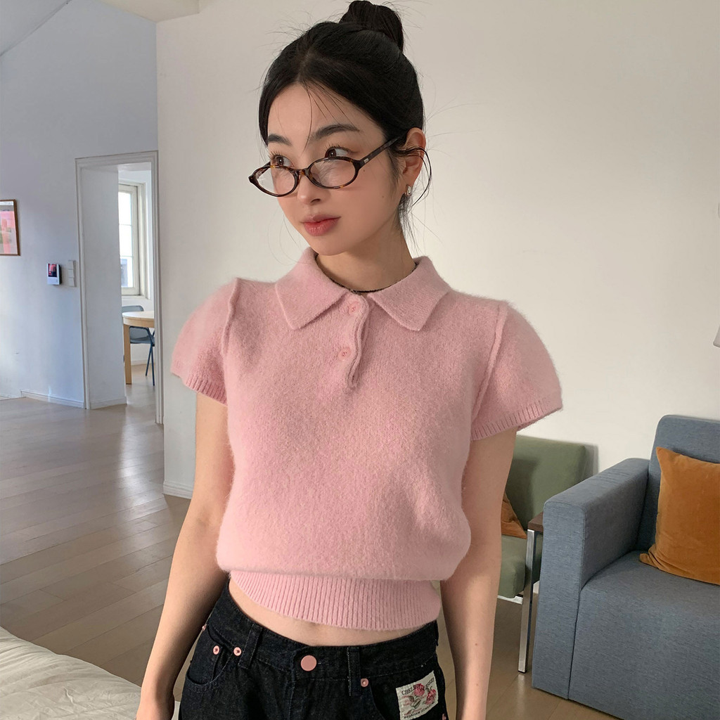 C&M Áo dệt kim ngắn tay hai nút mùa xuân mới của