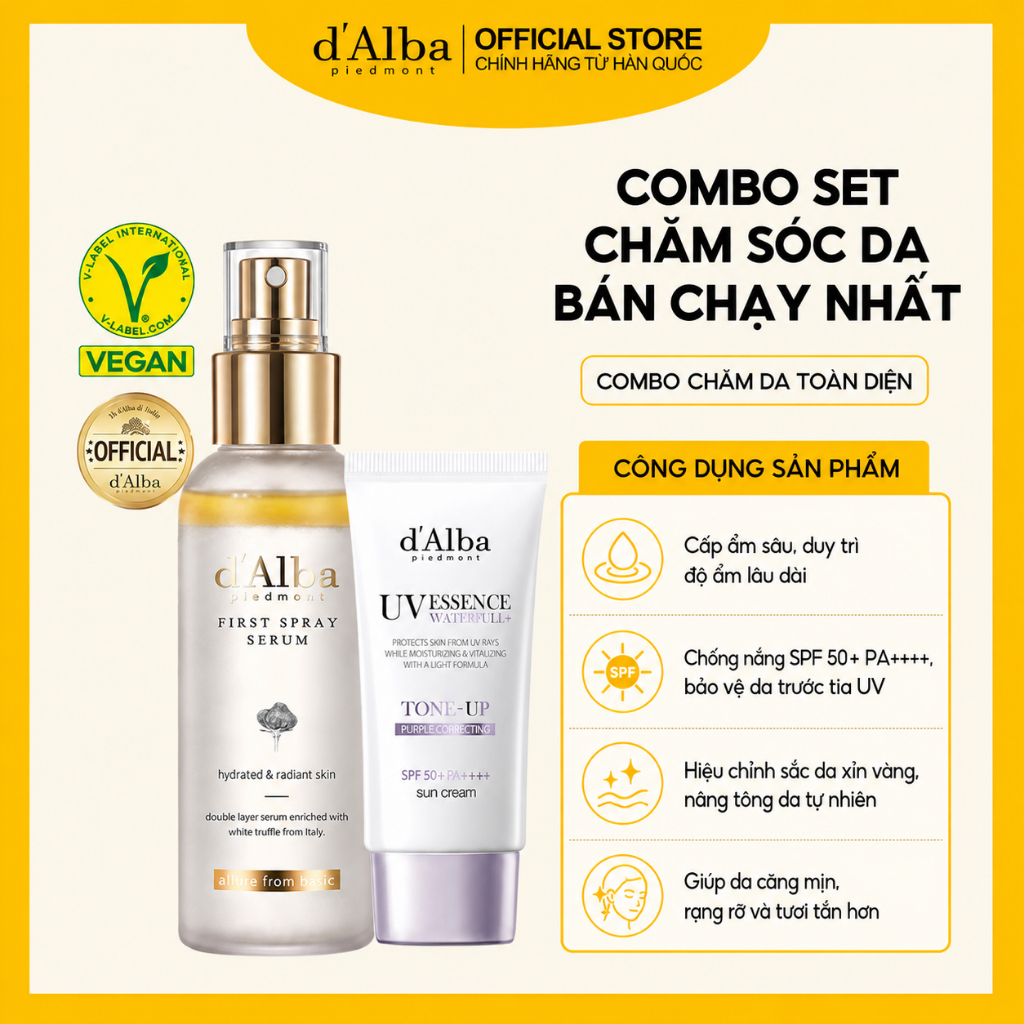 [d'Alba Official] Combo Set bán chạy nhất (First Spray Serum 100ml, Kem chống nắng tông màu tím 50ml)