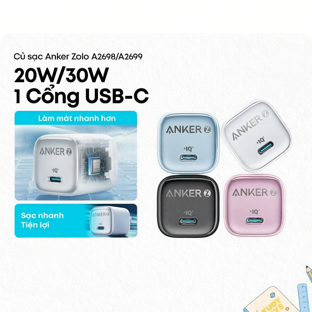 Anker zolo Bộ sạc 20W/30W GaN usb-C PIQ 3.0 sạc nhanh điều khiển nhiệt độ kích thước nhỏ A2698/A2699