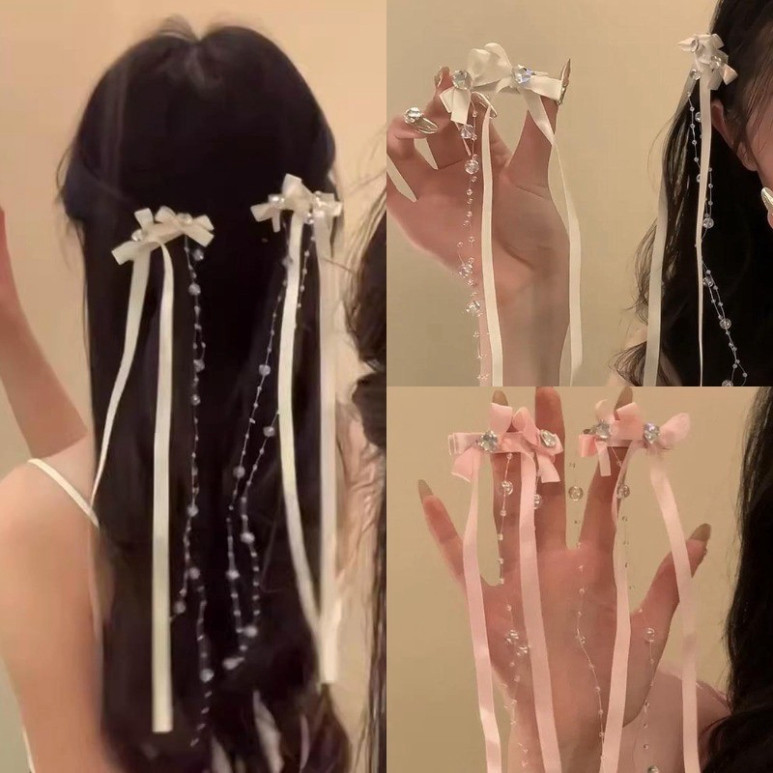 Ruy Băng Thủy Tinh Đính Hạt Nơ Tóc Nữ Hàn Quốc Y2K Nữ Thời Trang Mỏ Vịt Kẹp Phụ Kiện Tóc NO201