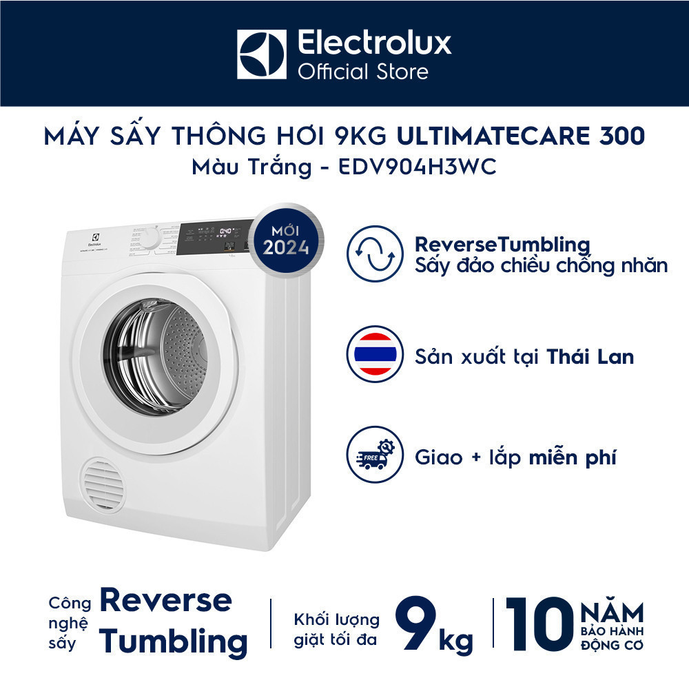 Free giao lắp - Máy sấy thông hơi 9KG Electrolux EDV904H3WC - sấy đảo chiều chống nhăn, diệt khuẩn, bền màu