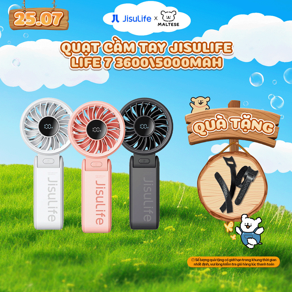 Quạt cầm tay tích điện mini Jisulife Life 7 5 cấp độ gió 3600/5000mAh - Sử dụng lên đến 12h - Chính hãng - BH 12 tháng