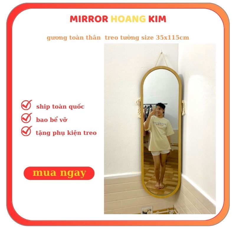 Gương toàn thân treo tường, Gương treo tường viền gỗ dáng oval decor trang trí phòng size 35x115cm guonghoangkim.officia