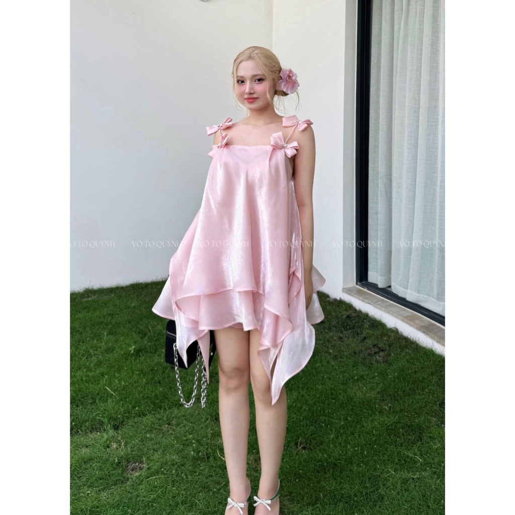 VO TO QUYNH ( Có sẵn ) - Đầm lụa óng hai dây đính nơ đá Bích Điệp dress ( Tặng kèm quần đùi lụa )
