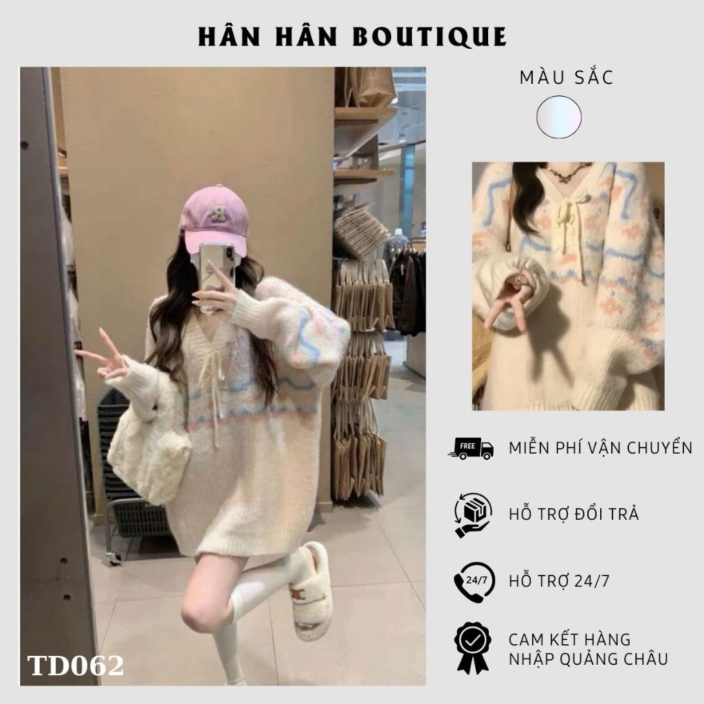 Áo len sáp mềm cổ V dáng rộng phong cách tiểu thu màu sắc pastel siêu xinh phong cách Hàn Quốc ngọt ngào hàng QC-TD062