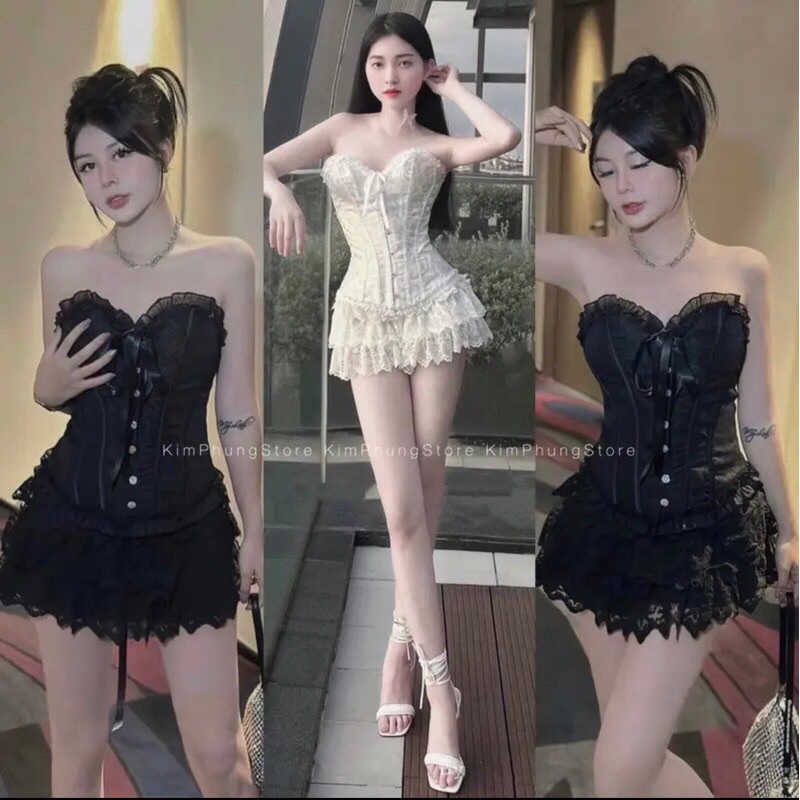 [ẢNH THẬT] Set cúp áo gấm chân váy ren tầng siêu hot