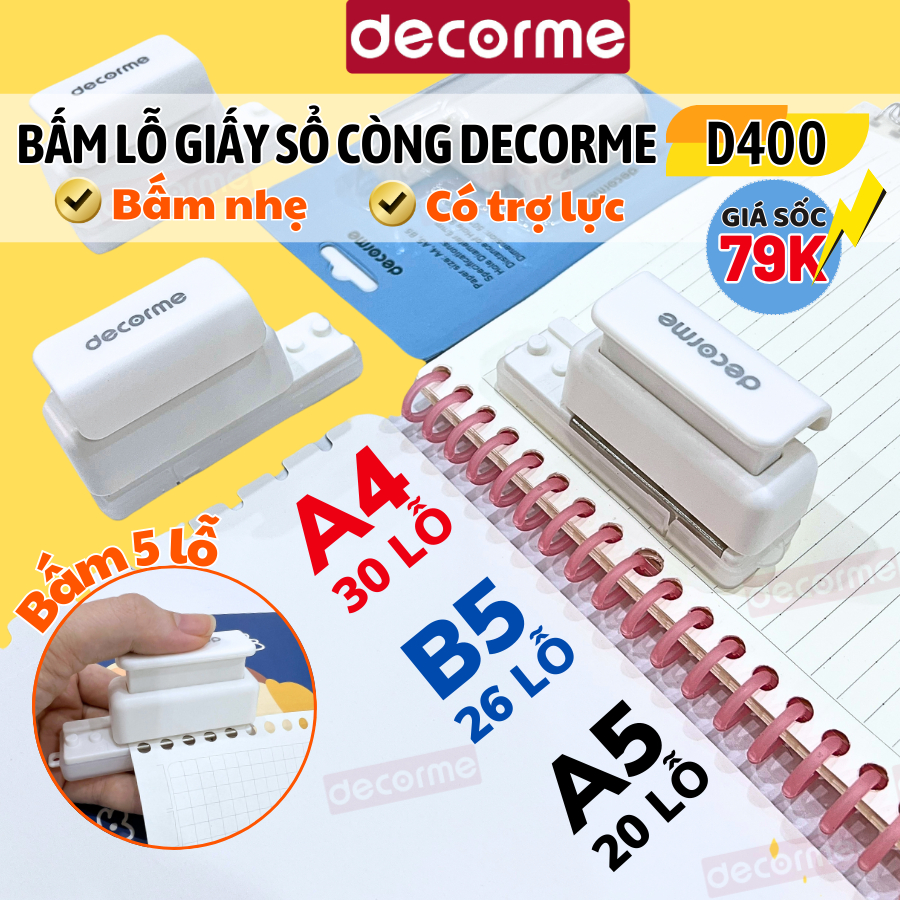 Bấm lỗ giấy DecorMe dụng cụ đục lỗ giấy 5 lỗ 6 lỗ phù hợp bấm các loại sổ còng A5-B5-A4 20-26-30 lỗ có trợ lực bấm nhẹ