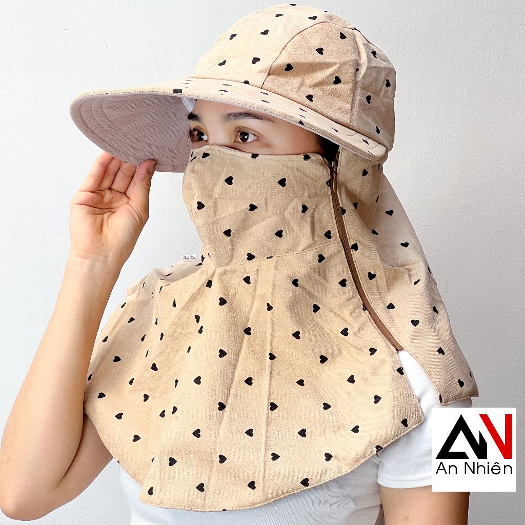 Mũ nón vành rộng Khóa Kéo liền khẩu trang chống nắng vải cotton