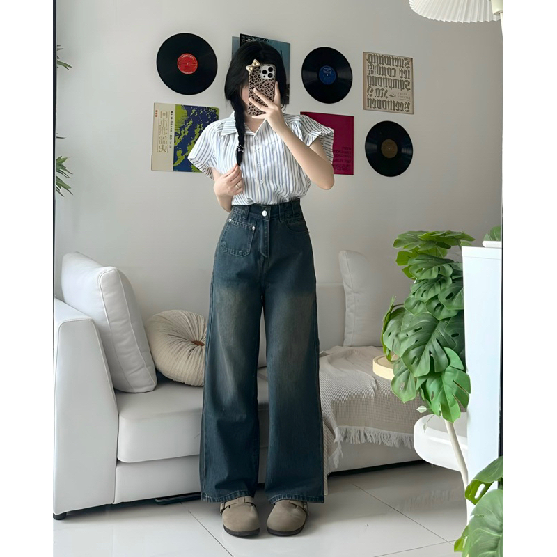 Quần jeans nữ suông nấm lùn túi tròn dài 95cm MS532