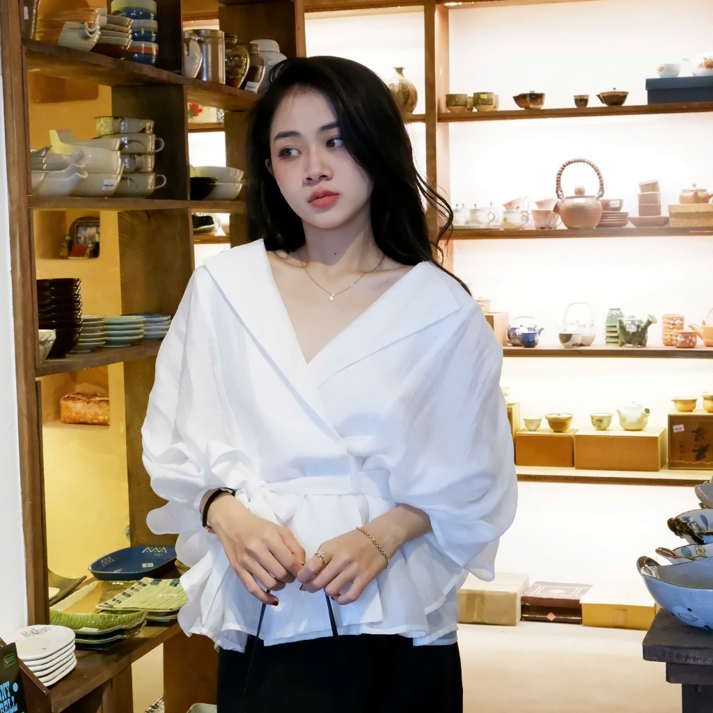 𝐕𝐈𝐀𝐍 𝐓𝐨𝐩 | Áo voan bồng bềnh cổ vest kèm thắt đai chất tơ xước Dens.clothingg