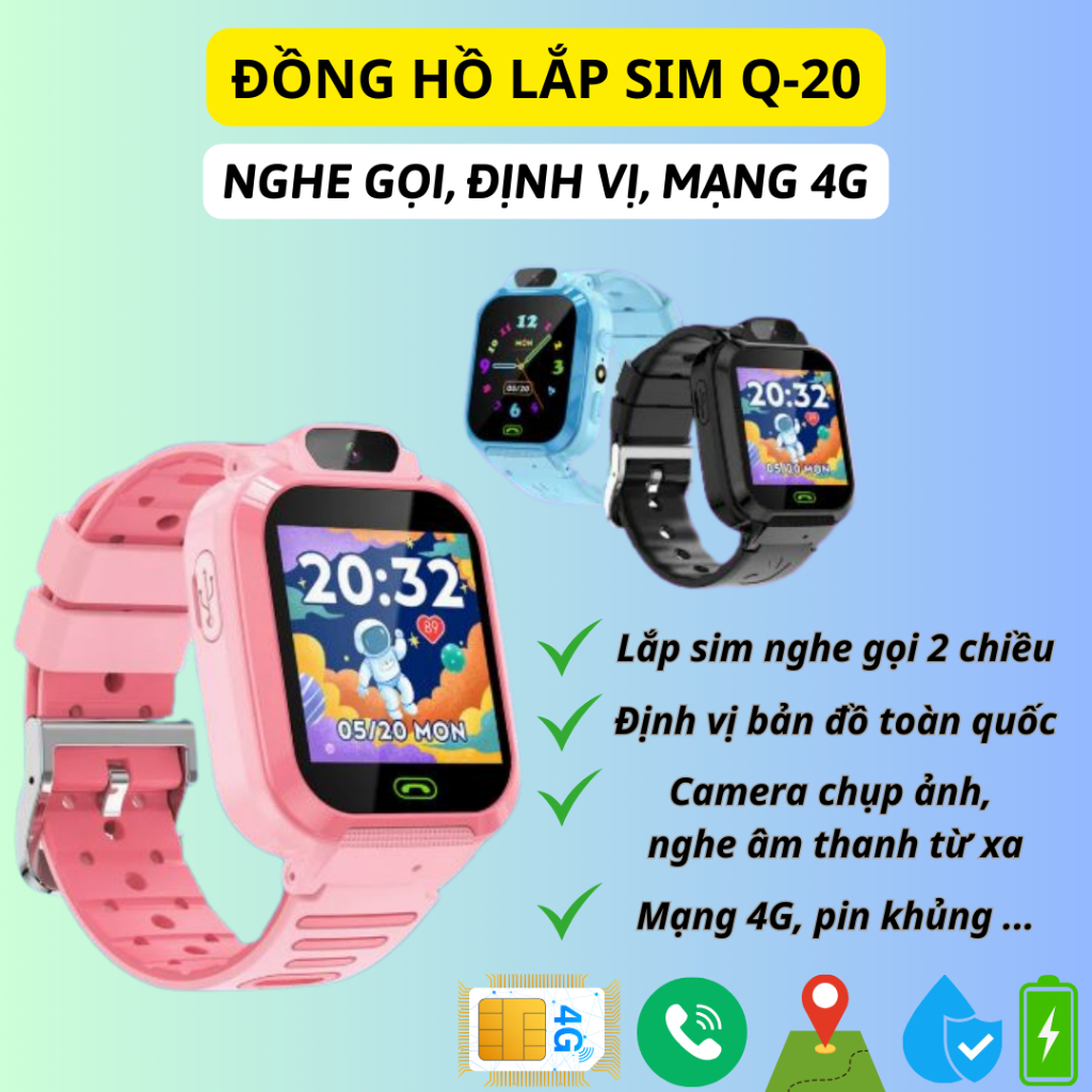 Đồng Hồ Thông Minh Lắp Sim - Q20, Định Vị, 4G, cho Trẻ Em Học Sinh, Nghe Gọi 2 chiều - Định Vị toàn quốc - pin khoẻ