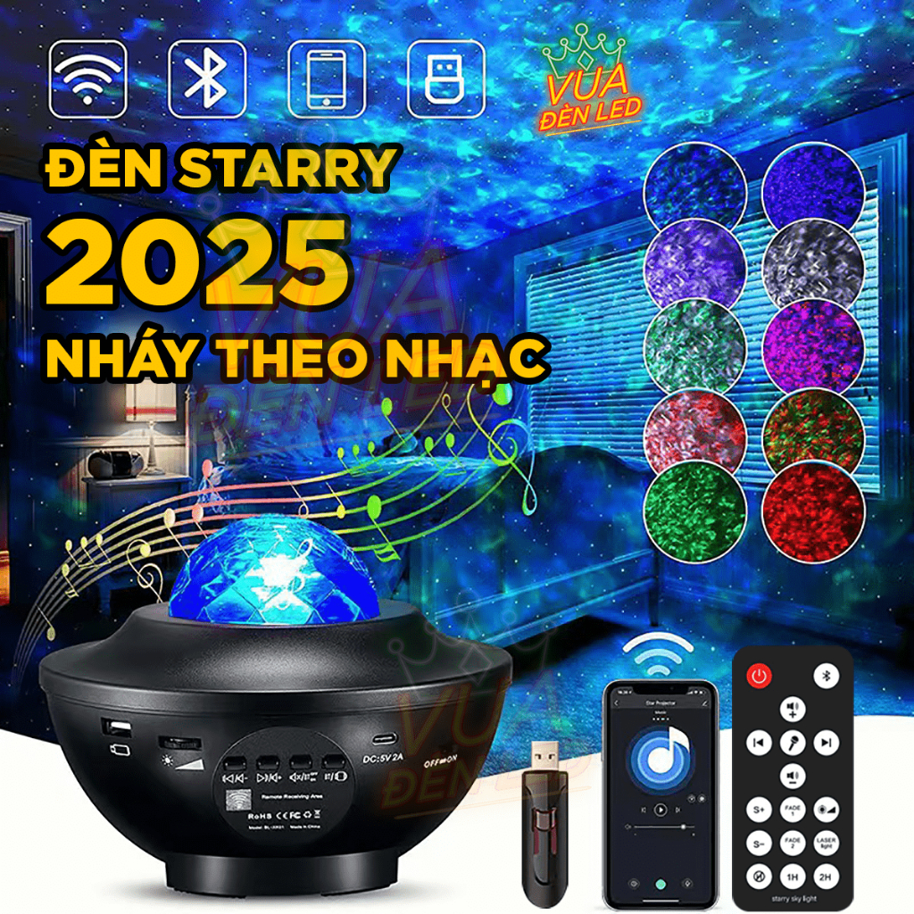 Đèn STARRY Chiếu Bầu Trời Sao GALAXY Trang Trí Decor Phòng, Làm Đèn Ngủ, Có Loa Bluetooth, Điều Khiển Từ Xa