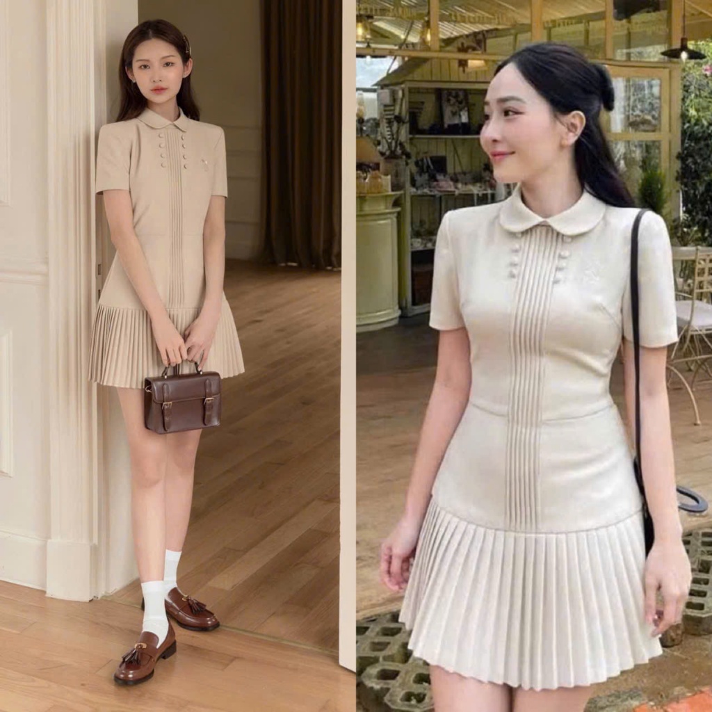 [2 Màu]: Váy Cổ Sen Bẻ Tone Nude Thêu Nơ Dập Ly Ngực Đơm Cúc Bọc Tỉ Mỉ Phối Chân Xòe Xếp Ly Đều Thanh Lịch