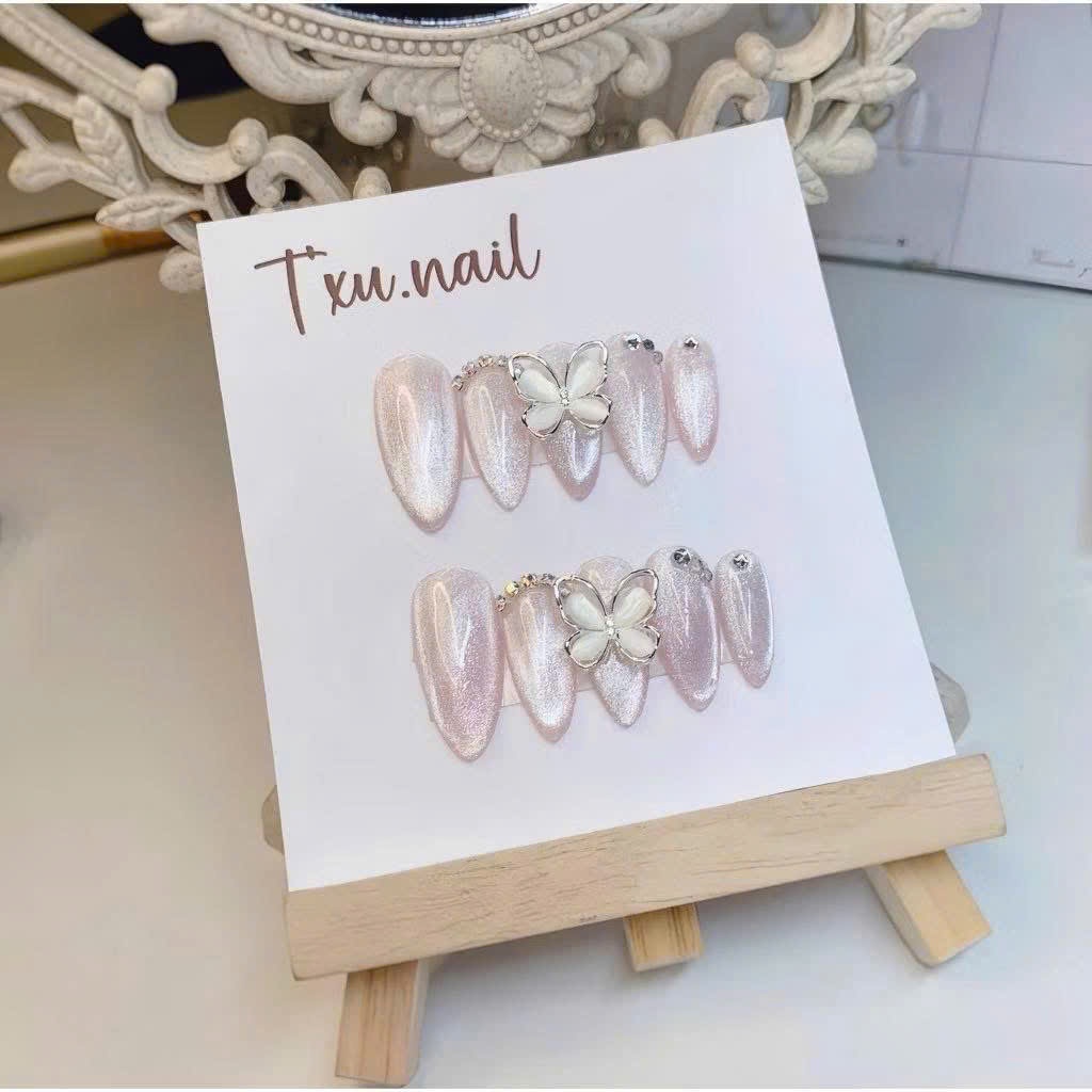 Nailbox thiết kế mắt mèo thạch hồng 10 móng úp phom nhọn siêu xinh mới nhất ( tặng kèm keo,dũa,cồn) NAILBOX_