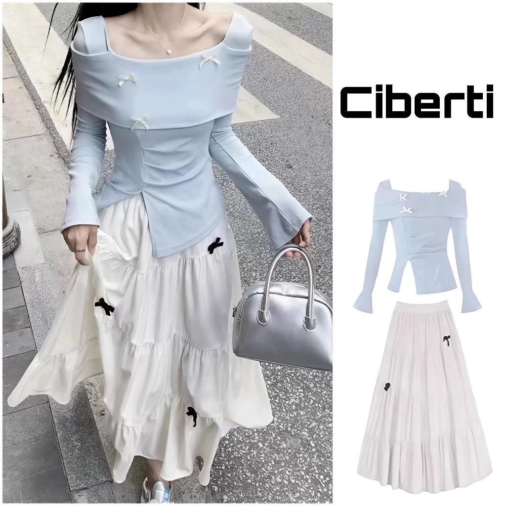 Set Áo Trễ Vai Họa Tiết Đính Nơ Cổ Vuông Xê Vạt Kèm Chân Váy Trắng Ciberti