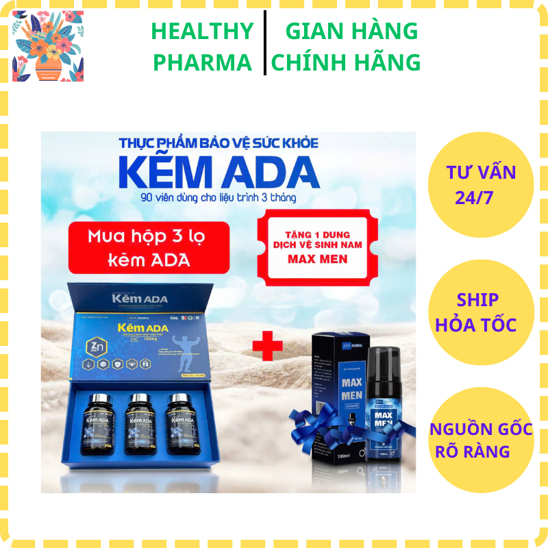 Kẽm ADA .Với hàm lượng 150mg kẽm gluconat tương đương 21mg kẽm nguyên tố tăng cường sức khỏe,cải thiện sinh lý,tăng cơ