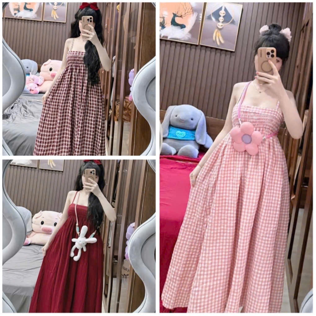 Váy 2 dây dáng dài maxi hoạ tiết caro nhún bo thun dễ thương loại 1 hàng có sẵn