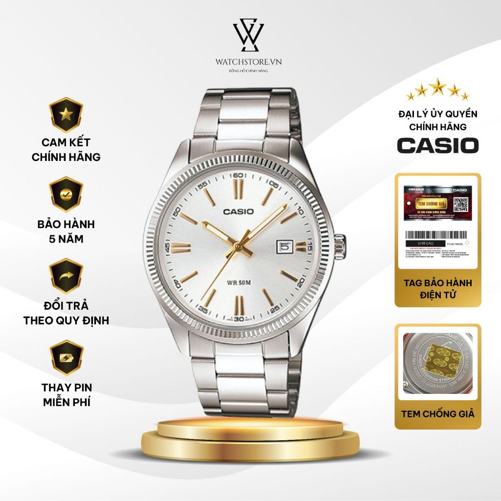 Đồng Hồ Nam Casio MTP-1302D-7A2VDF Dạ Quang Màu Trắng Mặt Kính Khoáng 38.5mm Chống Nước Dây Kim Loại Không Gỉ Chính Hãng