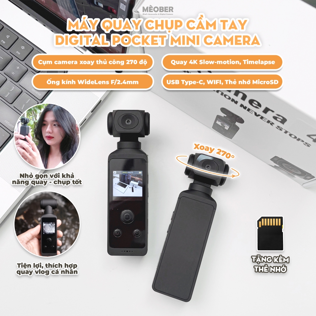 [Tặng thẻ nhớ] Máy Quay Chụp Cầm Tay Digital Pocket Mini Camera - quay vlog 4K video, chụp ảnh 18MP, có Wi-Fi by MèoBer