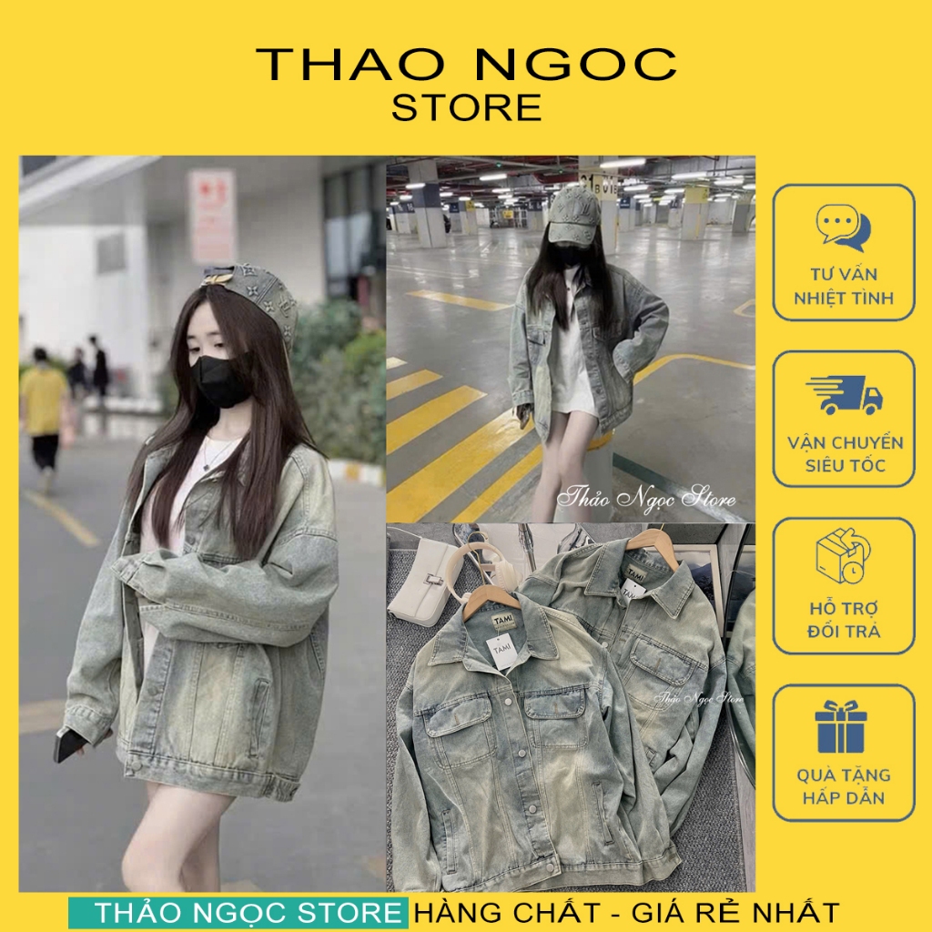 Áo khoác jean nữ tay dài form rộng trơn màu xanh dơ vàng 68cm! (có sẵn, hình thật) THẢO NGỌC STORE