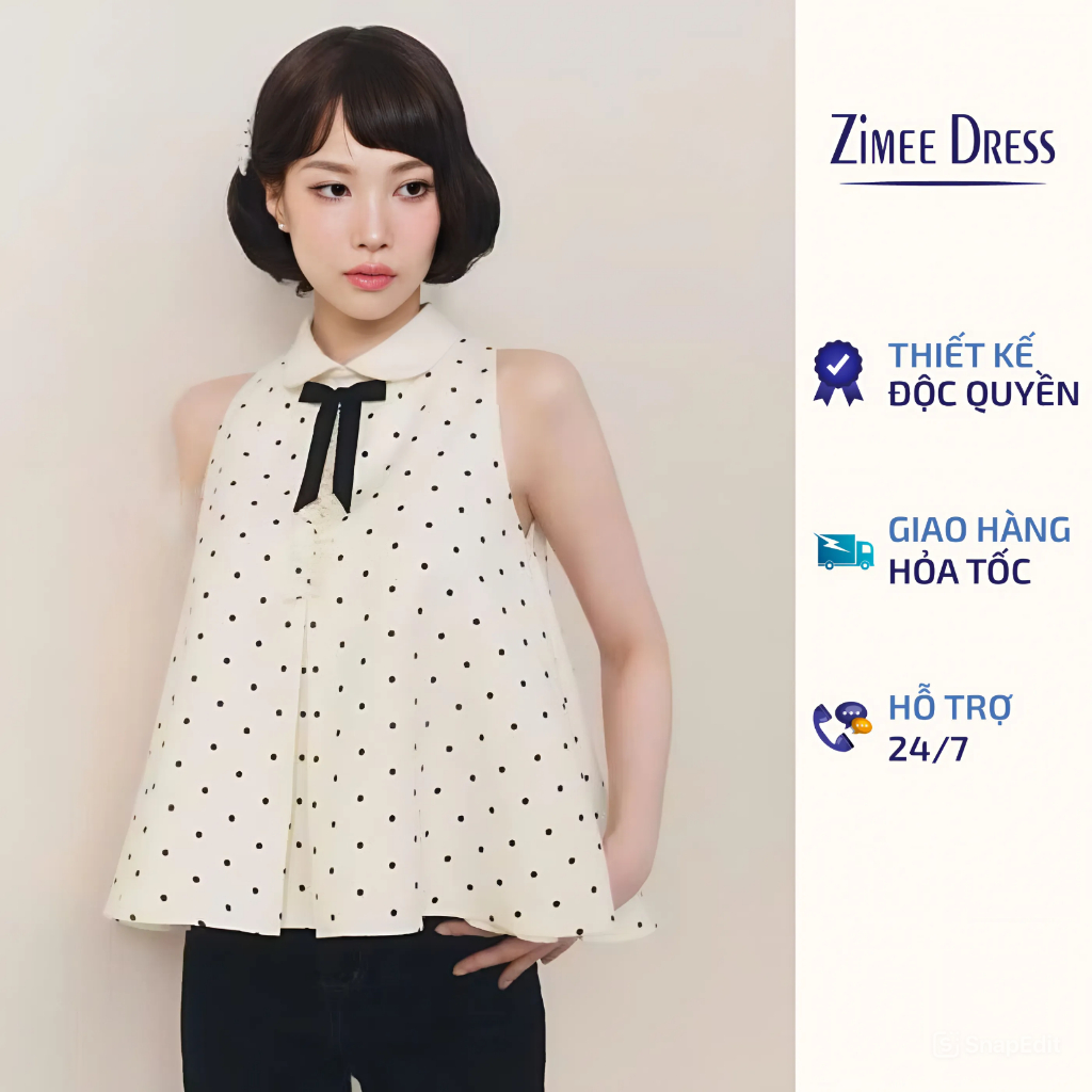 Áo Chấm Bi Khoét Nách Cổ Sen Phối Bèo Nhún Nơ Đen Ivy Top