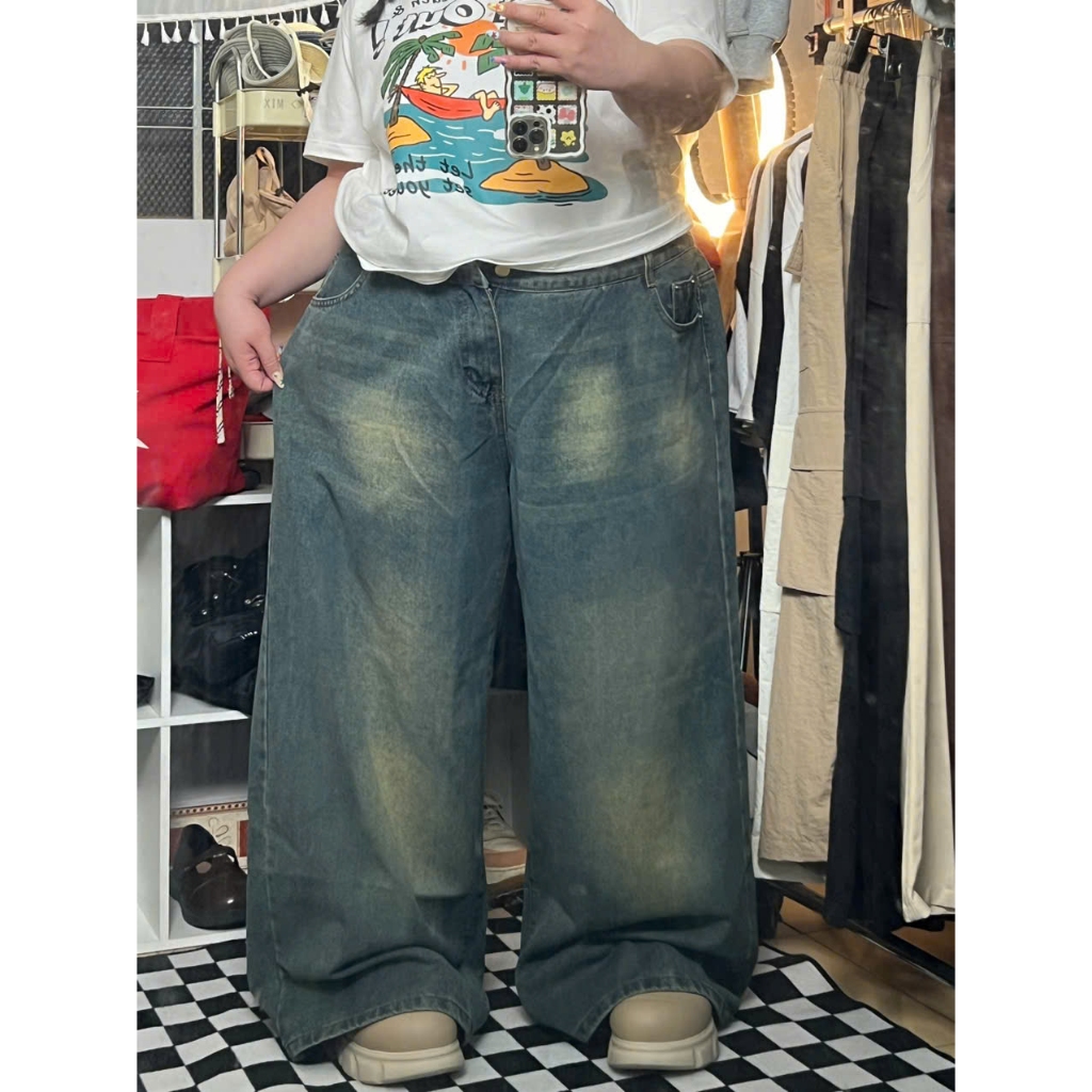 [Bigsize]Quần Jean ống rộng thụn dáng dài nam nữ nhà Mèo Mập có lưng thun trẻ trung cá tính từ 85-150kg