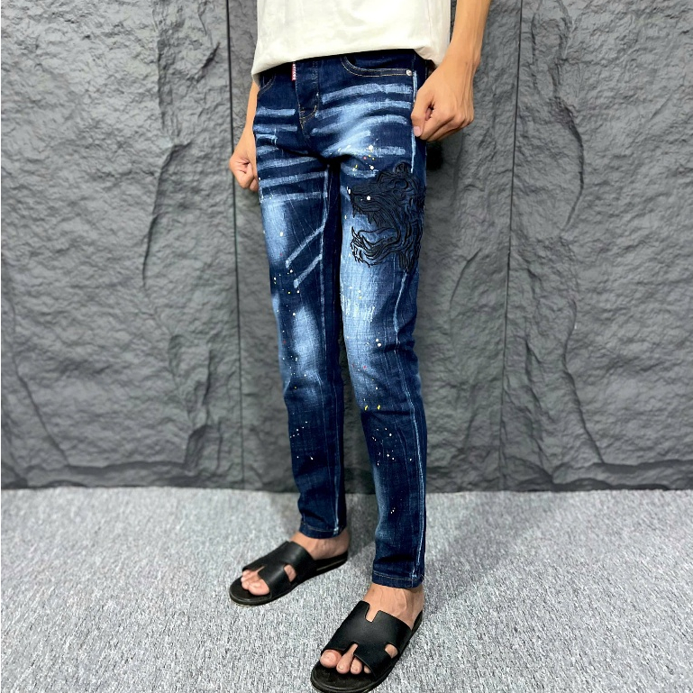 Quần jean dsq phối thêu mặt hổ và logo philip host treen