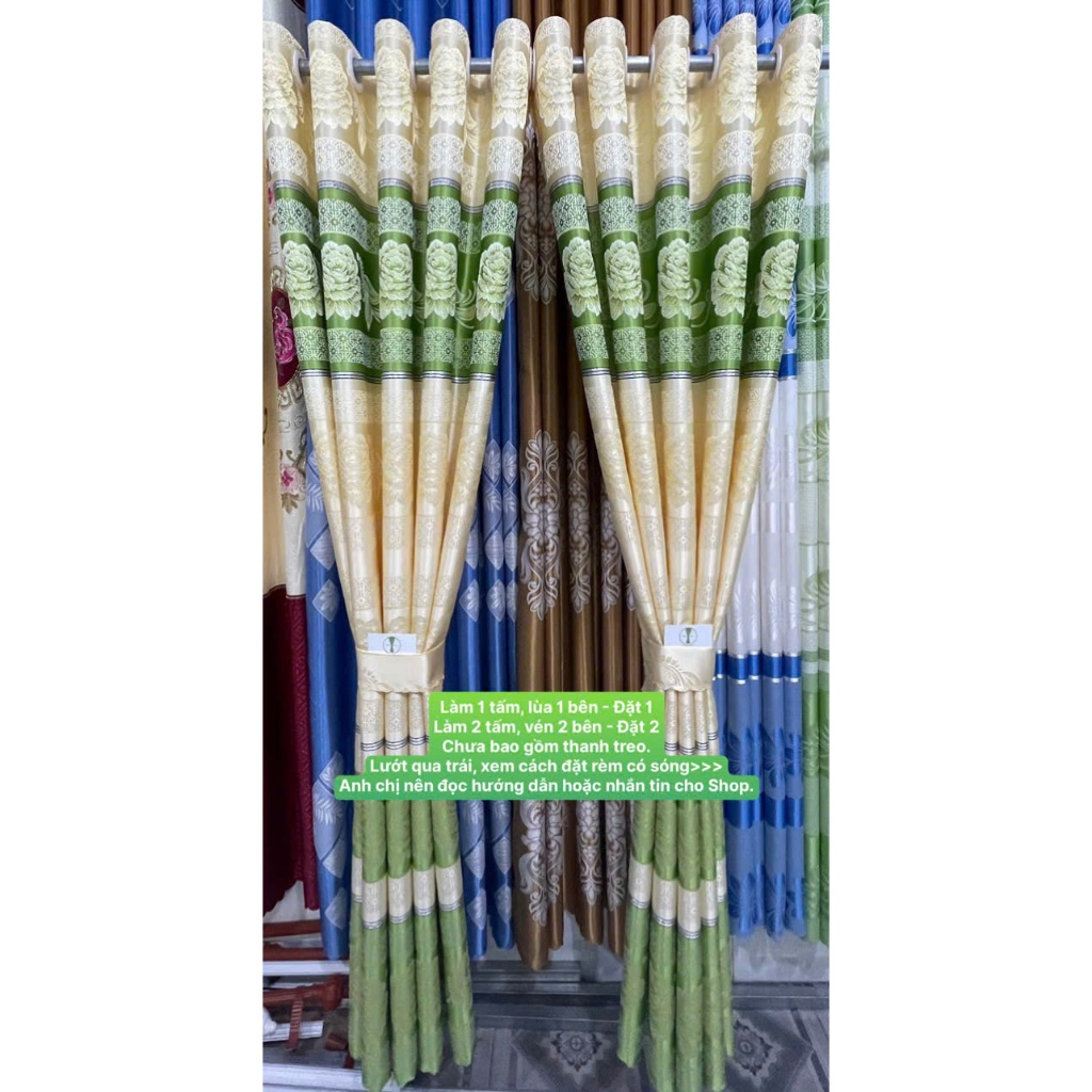 1 TẤM Gấm Hoa Văn Bông Hồng Xanh Lá Phối Vàng Kem-Vén Sang 2 Bên Chọn Số Lượng 2, Lấy Gấp 2 => 2.5 Lần Chiều Ngang Cửa