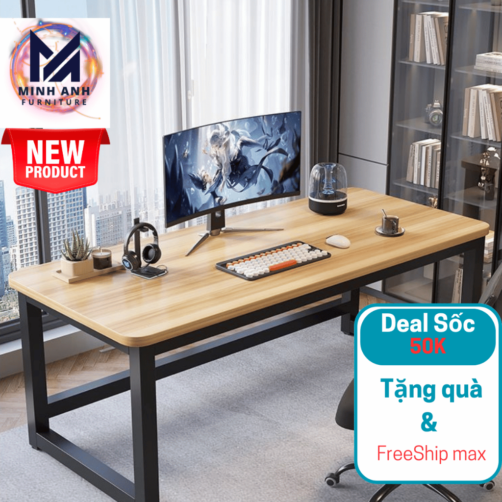 Bàn học chữ U, bàn làm việc chân sắt có lỗ đi dây điện, gỗ mdf dày 15mm bo góc an toàn, chịu tải 200kg