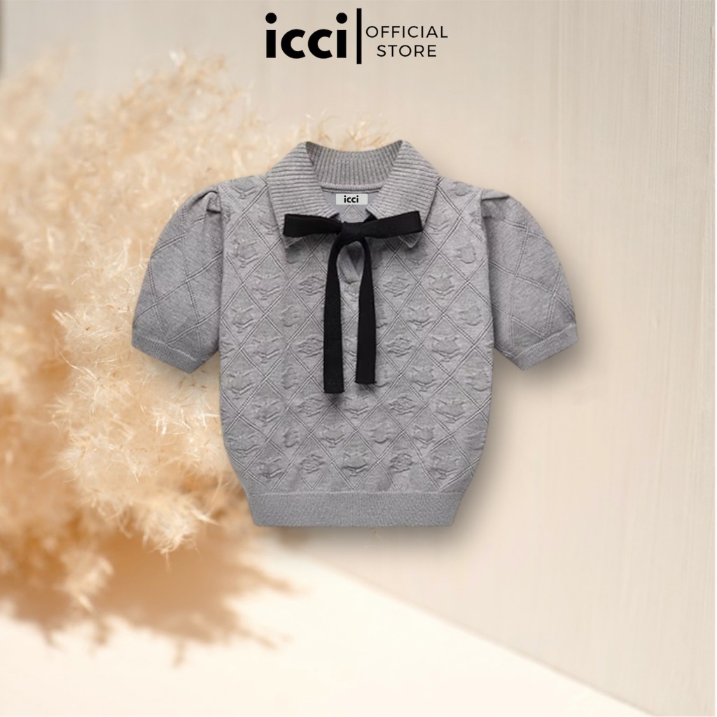 ICCI - Áo len croptop tay ngắn buộc nơ đan hoạ tiết quả trám ICW2