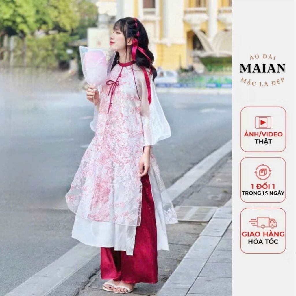 Set áo dài cách tân 4 tà cổ bo tròn đính nơ ngực Maian chất voan in hoa phối dây đỏ kèm quần nhẹ nhàng mặc lễ tết S5056
