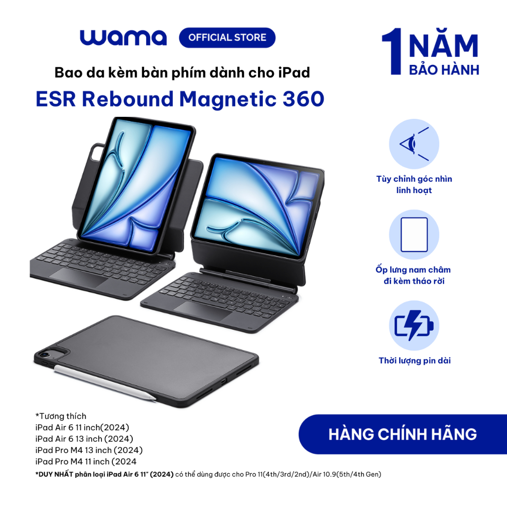 Bao da kèm bàn phím iPad ESR Magnetic Rebound 360 bảo vệ toàn diện 11'' 13